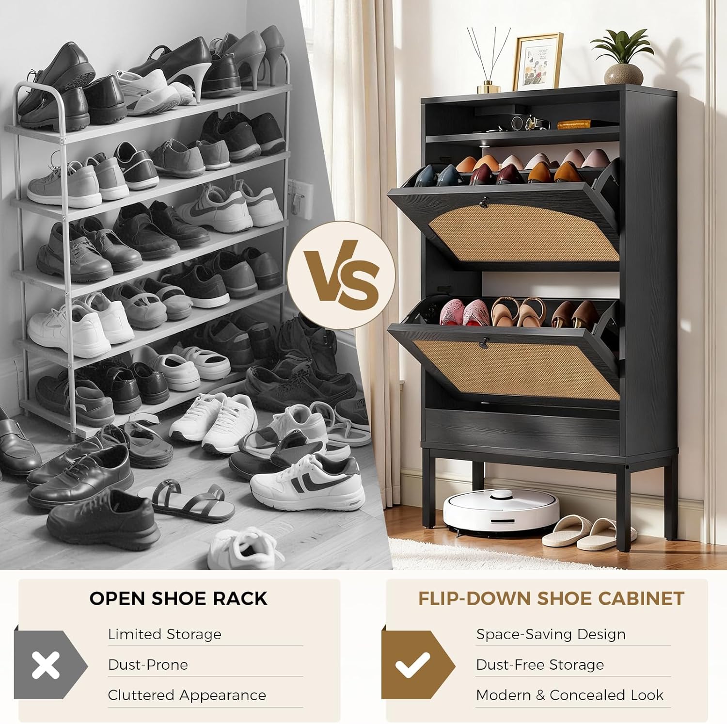 COMHOMA Shoe Cabinet with Charging Station, Flip Down Shoe Storage Organizer with Adjustable Shelves, Hidden Slim Shoe Rack with Anti-Tip Kit for Entryway or Hallway (Black Rattan)