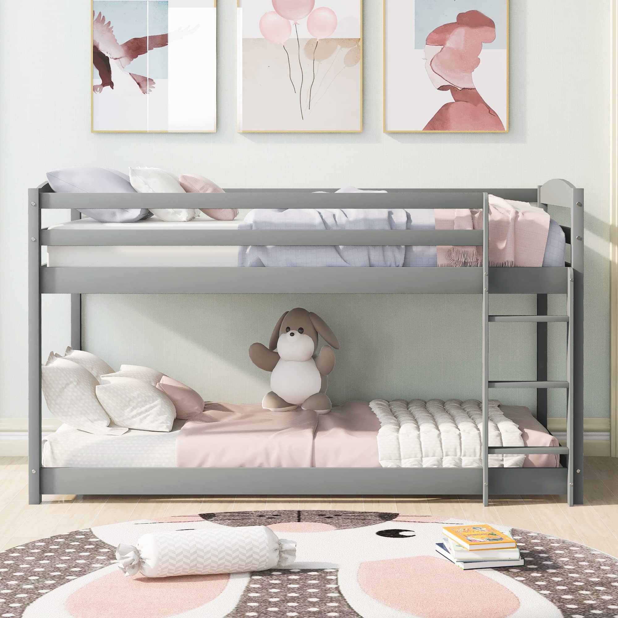 Cama Alta Individual con Escalera integrada y barandilla de Seguridad. Diseño Que Ahorra Espacio (Gris).