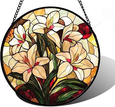 DASTOLL Stained Glass Window Hanging, Lily Flowers Sun Catchers Diamond Glass Panel Hangings Plant Suncatcher Decor for Birthday for Women, Men, Wife, Aunt, and Mom 7.8 in