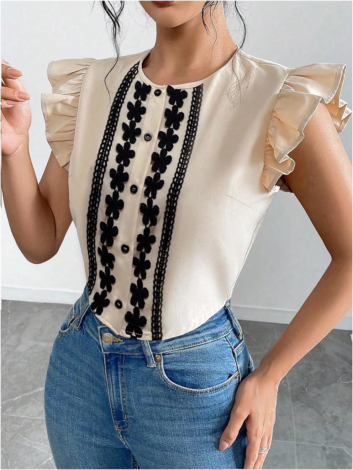 Floerns Women's Elegant Button Down Shirts Ruffle Cap Sleeve Summer Dressy Casual Blouse Tops - Image 2