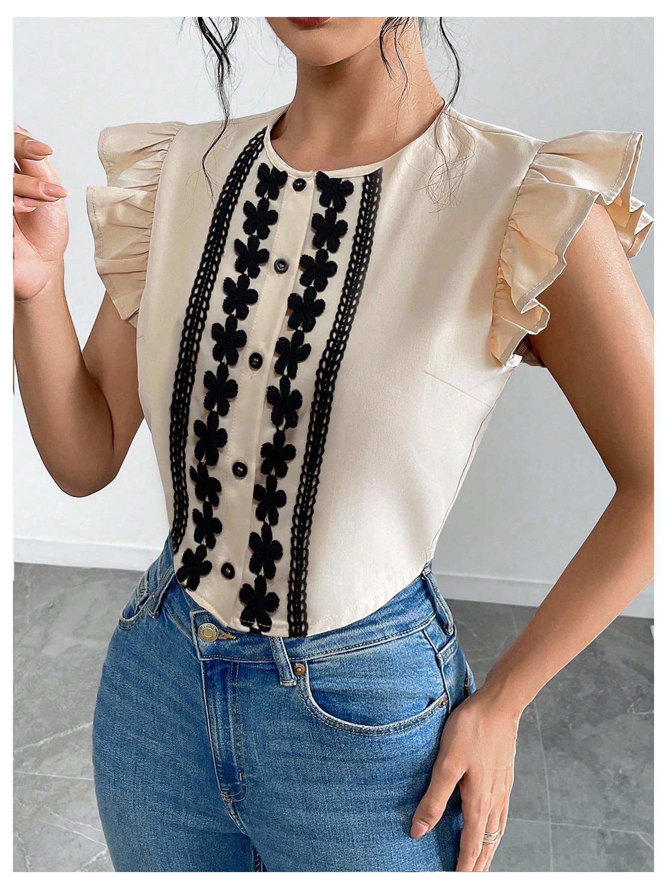 Floerns Women's Elegant Button Down Shirts Ruffle Cap Sleeve Summer Dressy Casual Blouse Tops