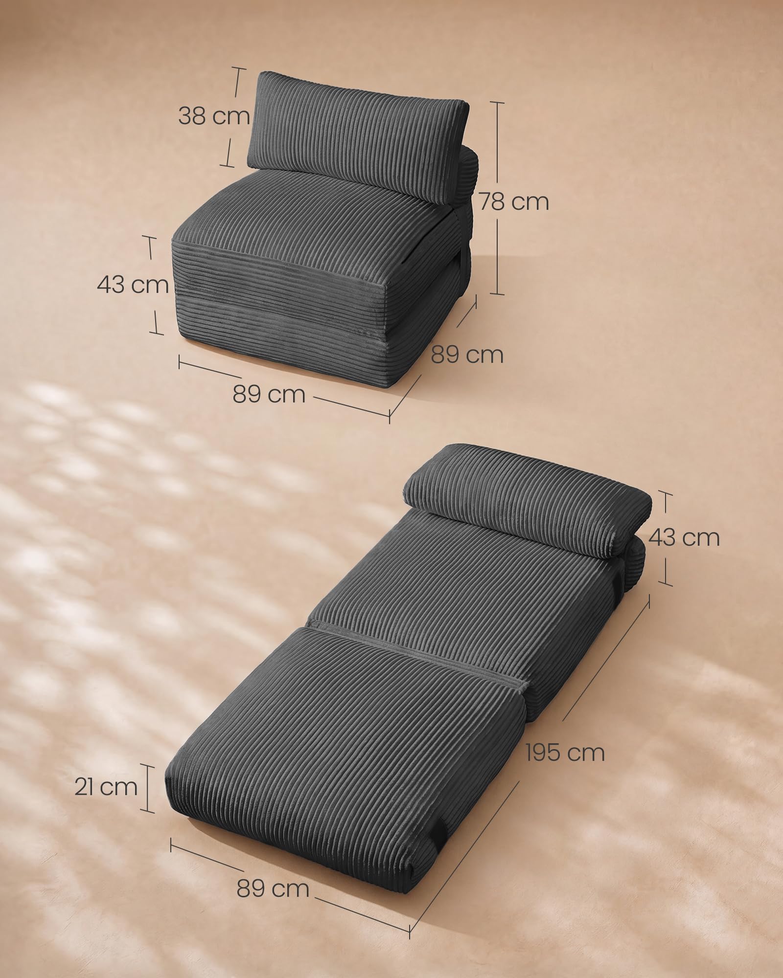 VASAGLE Schlafsessel aus Cord und Schaumstoff, Faltbares Sofabett mit Kissen, 89 x 89 x 78 cm / 89 x 195 x 43 cm, Bleigrau, für Gästezimmer, Camila Kollektion LCS211G101