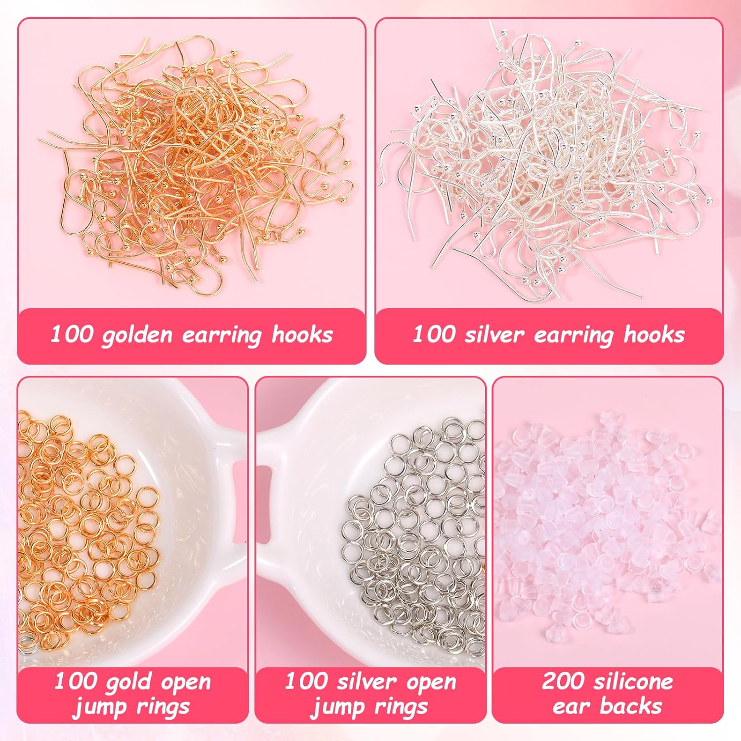 600Pcs Earring Hooks Earring Making Supplies Kit Includes French Earrings Hooks Ear Wire and Earrings Backs Jewelry Findings(Silver & Gold) - Image 4