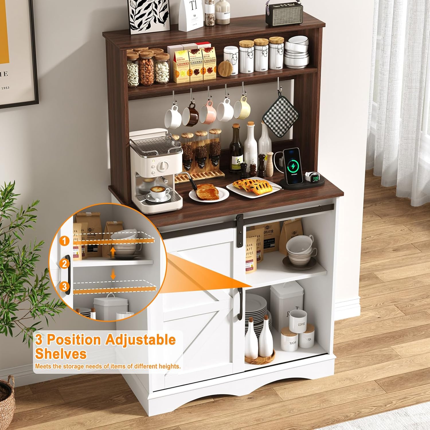 HOMFAMILIA 55.1" H Farmhouse Coffee Bar Cabinet w/Storage Hutch, Kitchen Coffee Station w/Charging Station, 6 Hook-s, Rustic Buffet Cabinet w/Sliding Barn Door&Adjustable Shelf for Kitchen, White