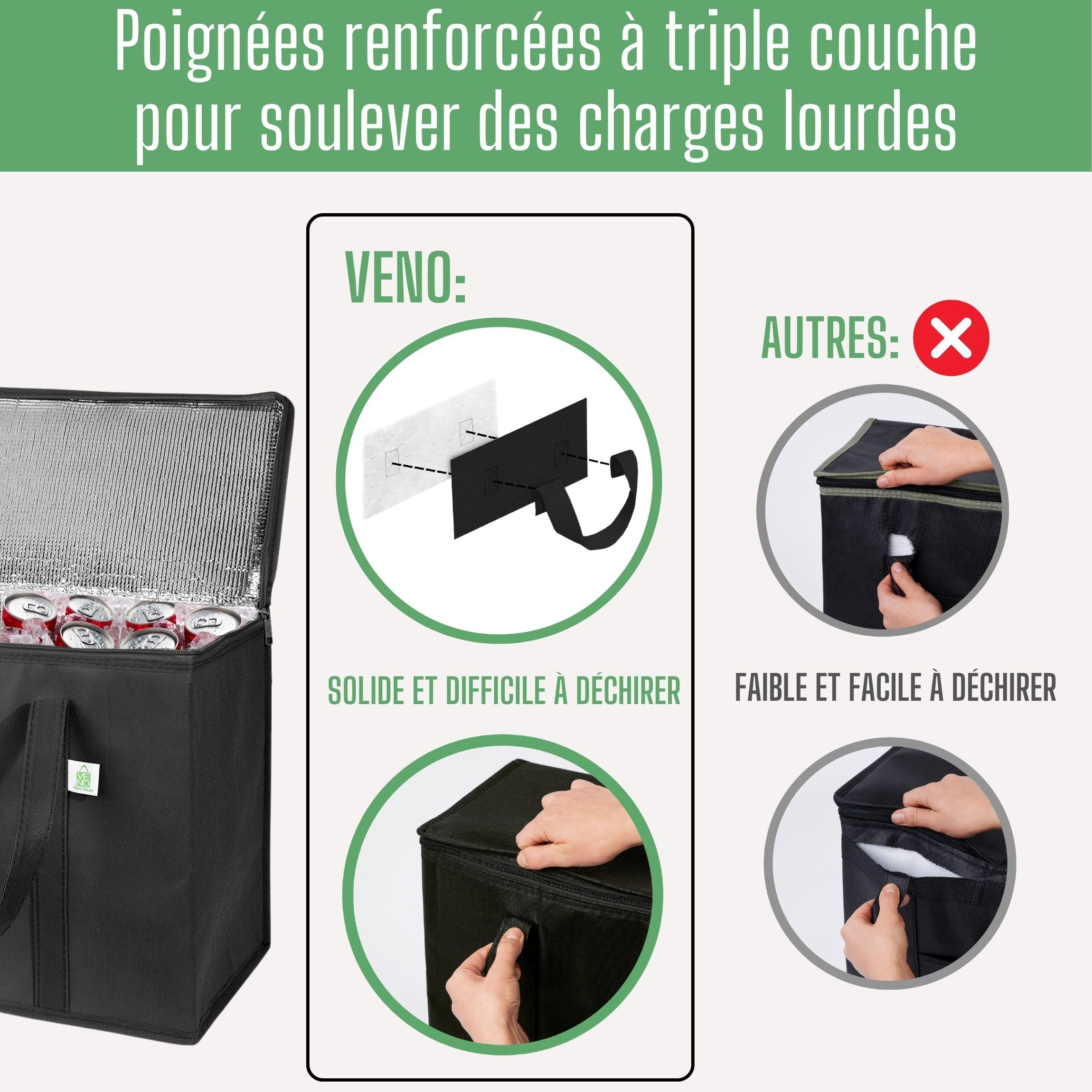 VENO Lot de 2 Sac Isotherme Pliable Isolation Réutilisable, Epicerie Alimentaire, Sac de Course, Robuste, Grand, Anses Durables, Fermeture Eclair Double Patte, Couverture, Debout (Noir)