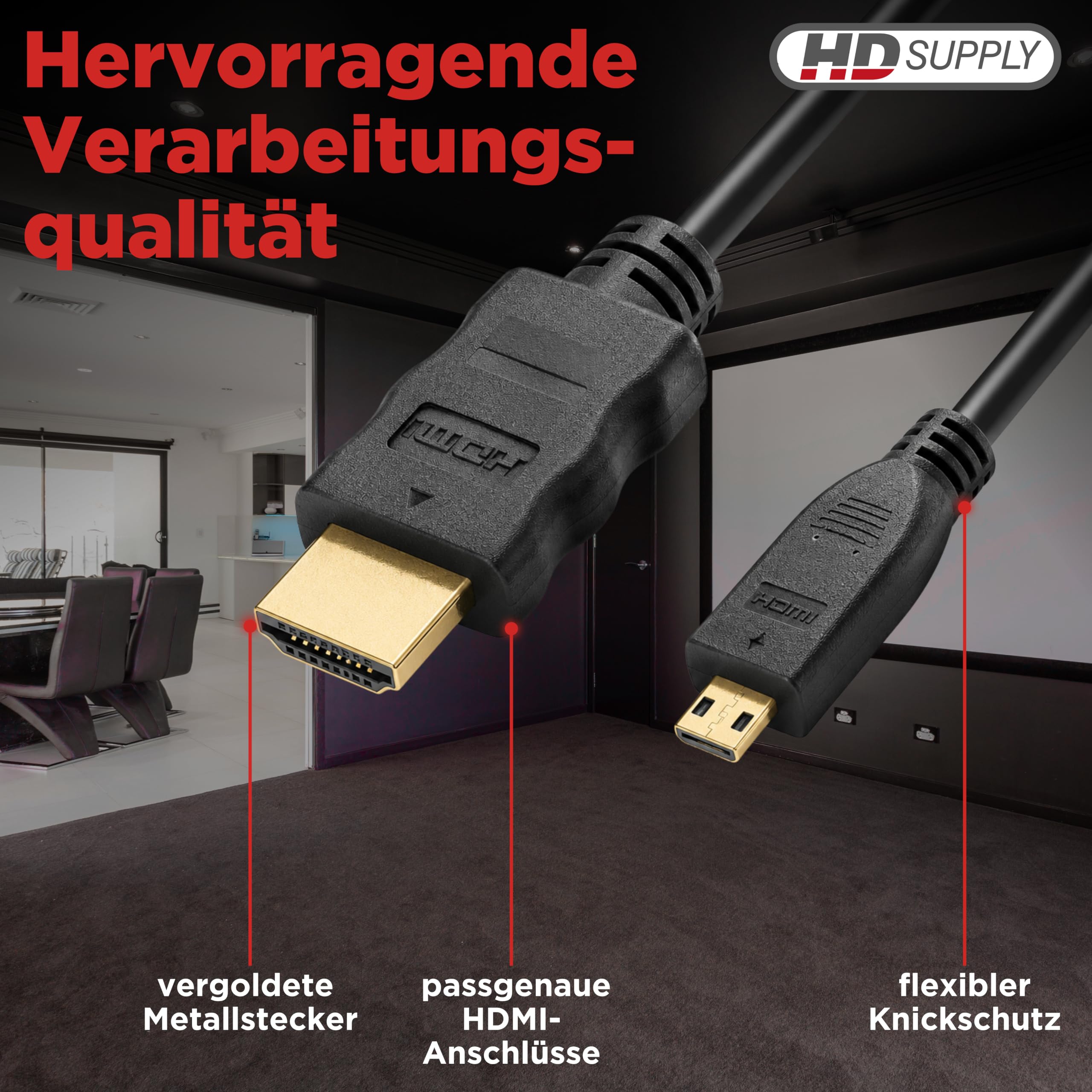 HDSupply High Speed Micro HDMI kabel z Ethernet 5,00 m | HDMI-A na HDMI-D, Full HD 1080p, 2-krotnie ekranowany, pozłacane styki do komponentów AV
