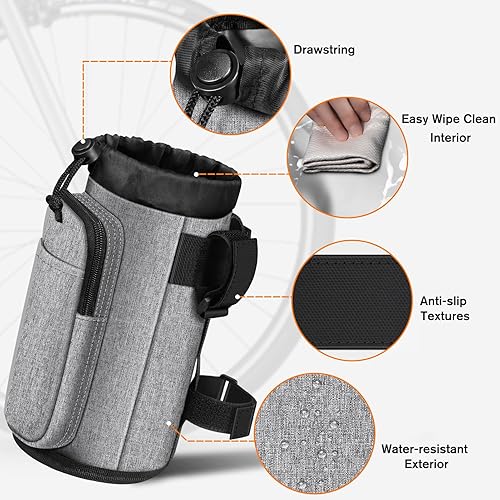 Vista 3 de FINPAC Portavasos para bicicleta, soporte universal para botella de agua con bolsillos para teléfono para cochecito, andador, carrito de golf, Gris