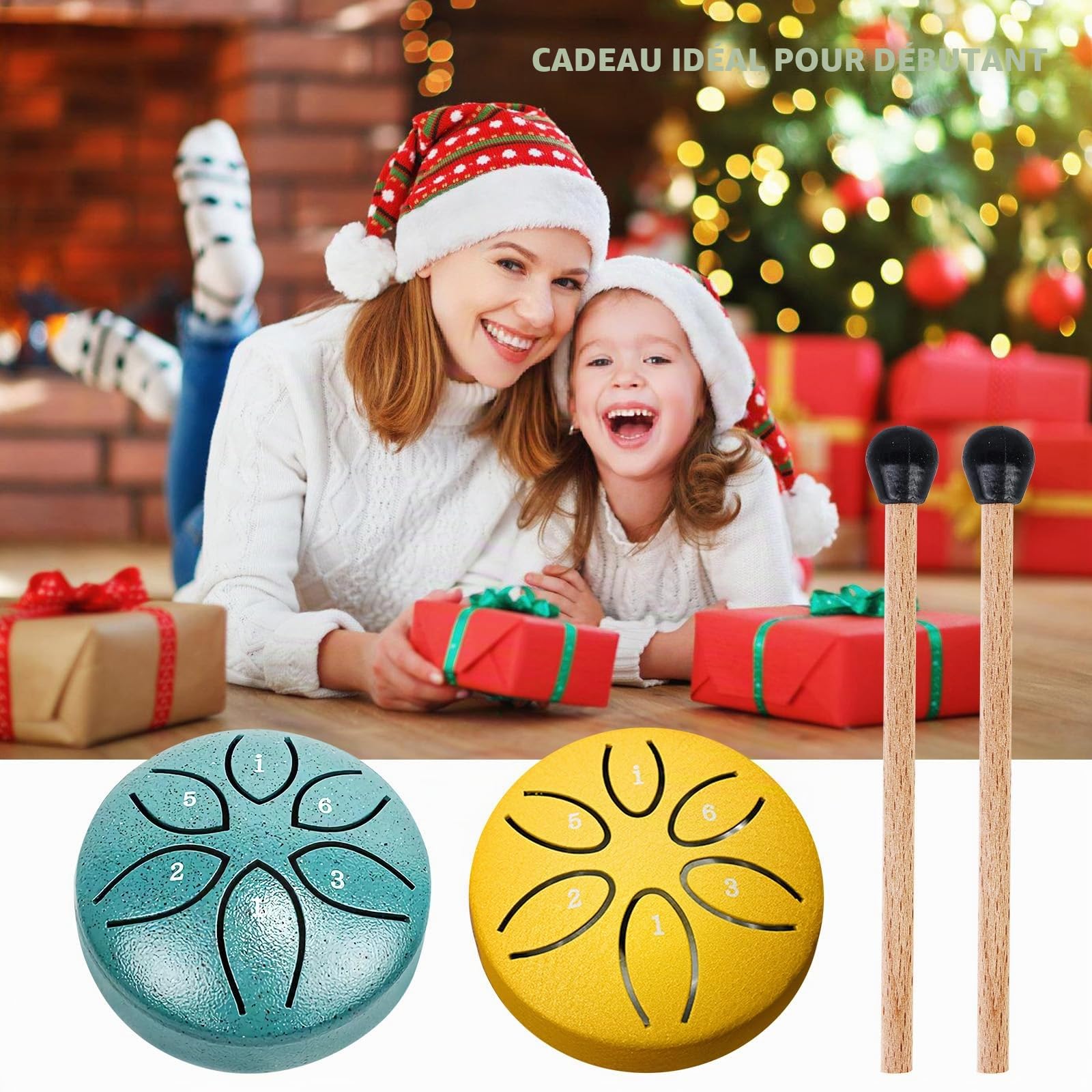 Lot de 2 Mini Tambours à Langue en Acier 6 Tons avec Maillets, Steel Tongue Drum pour Méditation, Yoga, Relaxation, Guérison Sonore et Éveil Musical