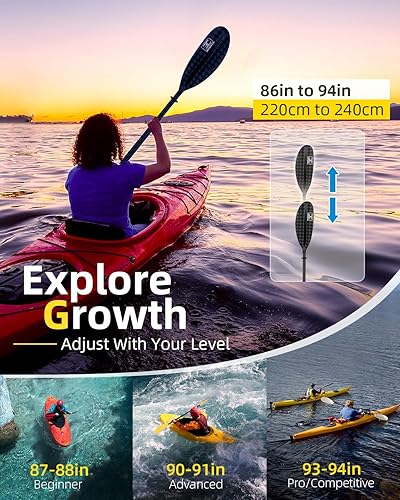 Miniatura 2 de OCEANBROAD Adjustable Carbon Fiber Kayak Paddle 86in/220cm to 94in/240cm Kayaking Oar for Adults with Paddle Leash 1 Paddle