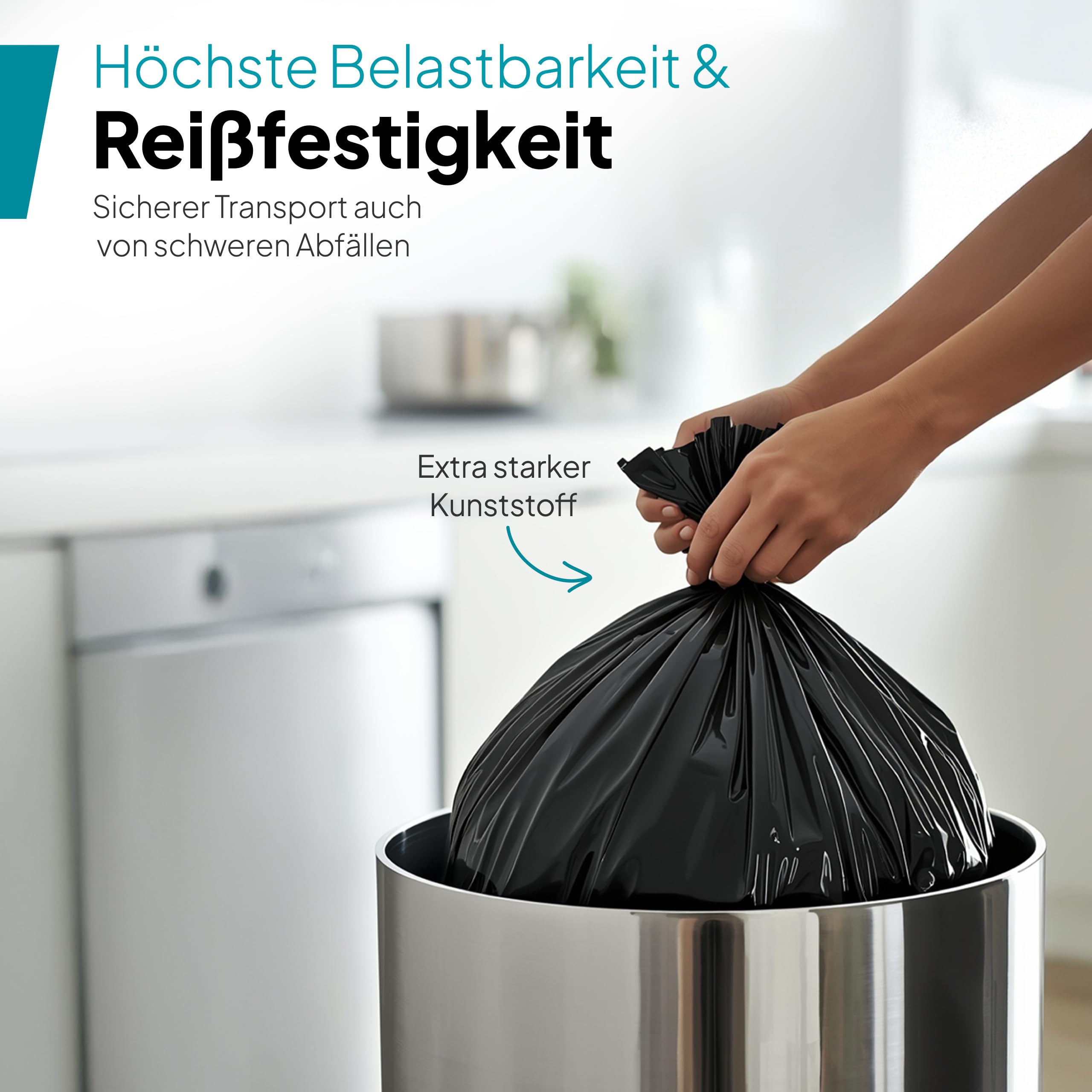 Commerline Müllsäcke 60 L – 200 Stück, Schwarz, 60x80 cm | Reißfest & Auslaufsicher | Für Haushalt, Büro, Gewerbe & Gastronomie