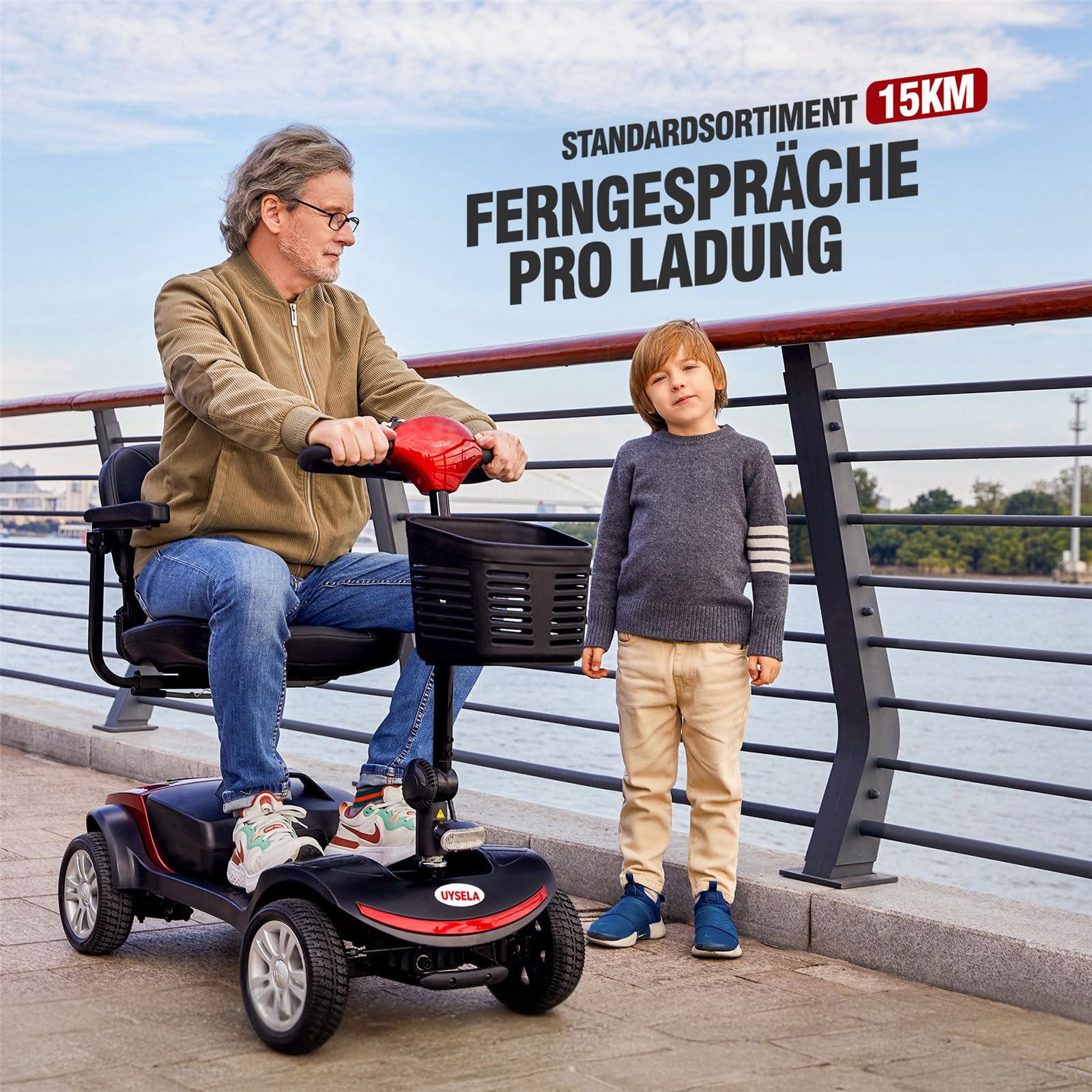 UYSELA Scooter de Movilidad Eléctrico, Patinete de Movilidad Plegable para Adultos con Cesta para Maletero de Coche de Viaje, Ligero y Portable​,Red