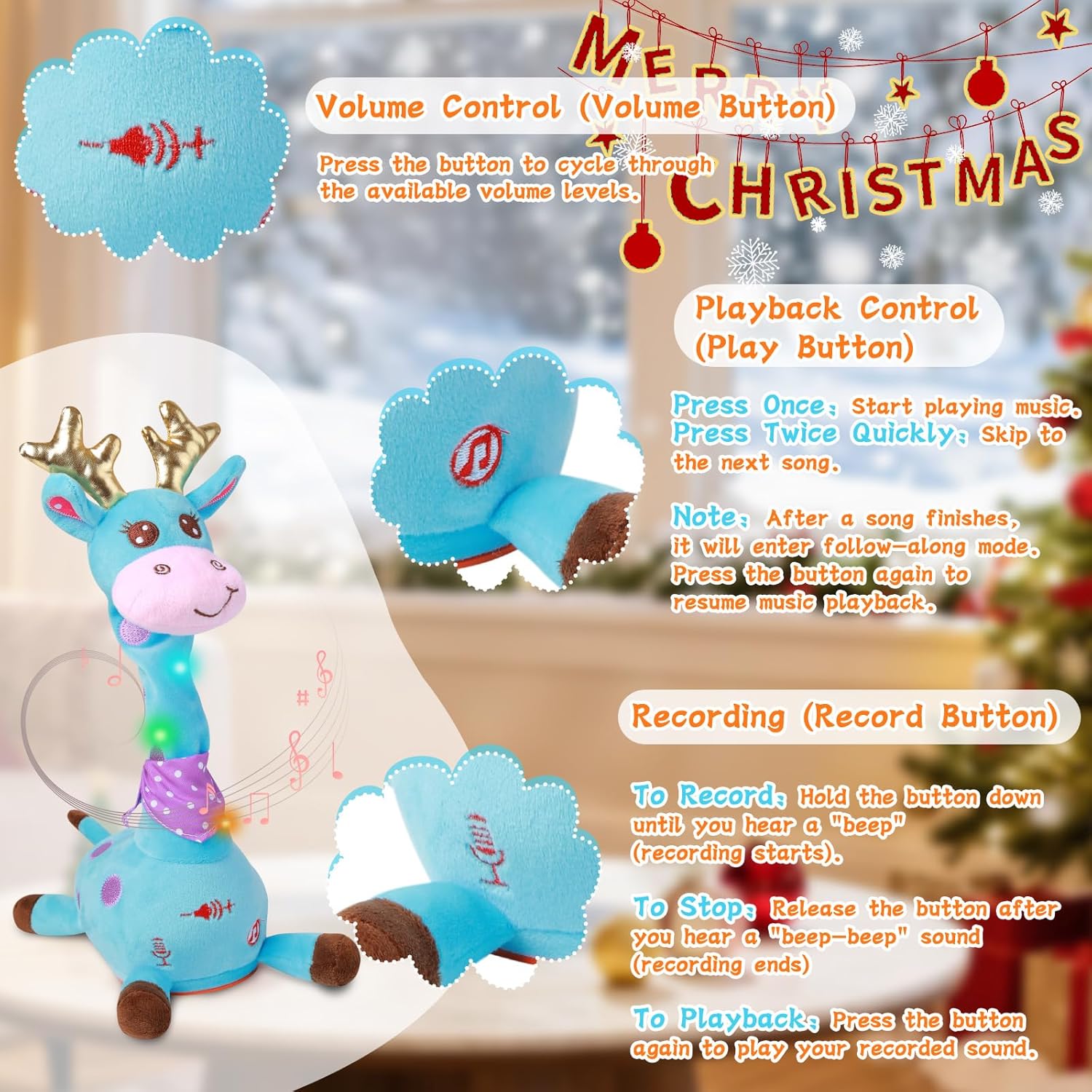 LUKETURE Dancing Talking Singing Blue Giraffe Stuffed Plush with Golden Antlers,Interactive Stuffed Animal Toy, Musical Plush with Record & Repeat, Sings 10 Songs, LED Lights