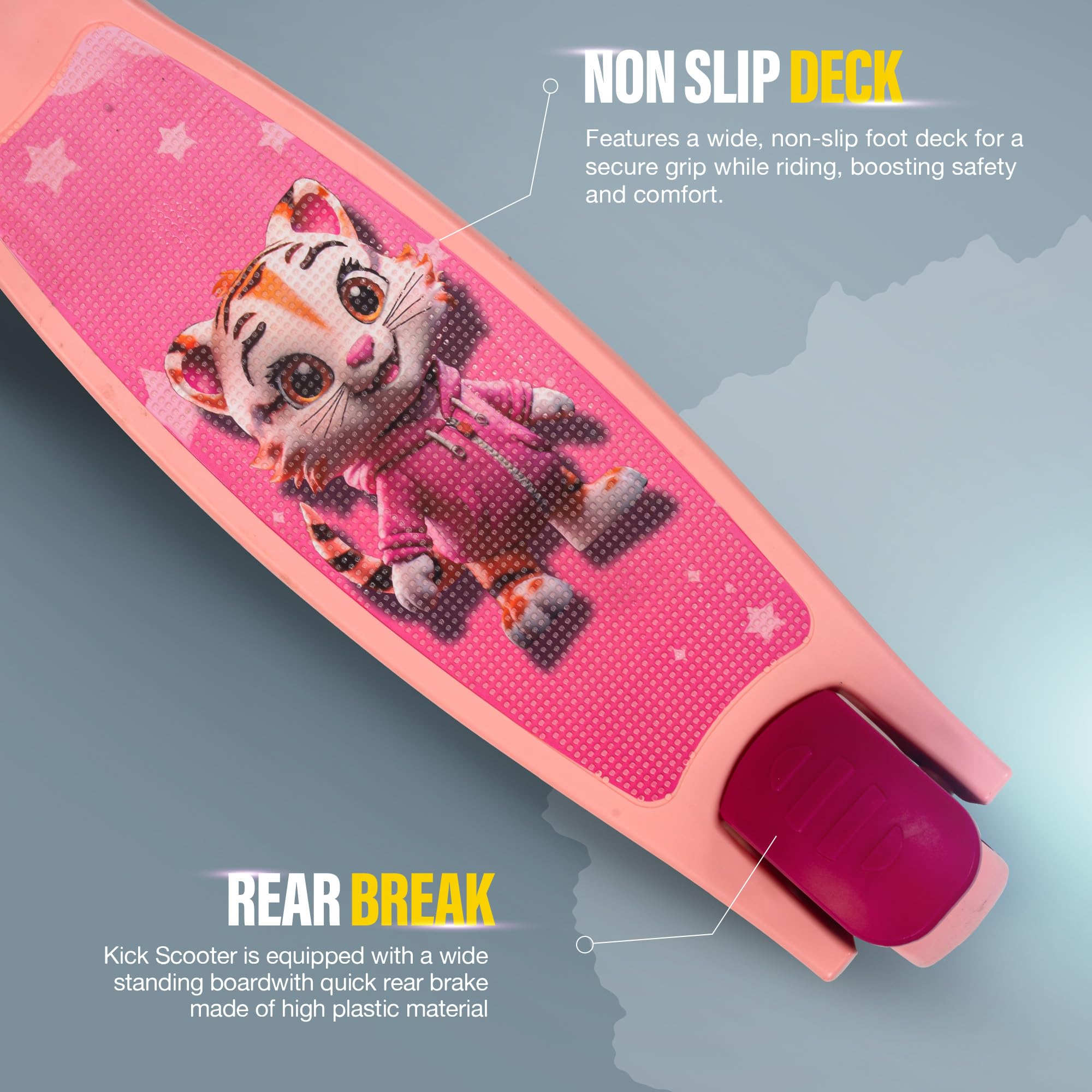 Baybee Kitty Kick Scooter for Kids | Foldable 3 Wheel Kid Scooter with 4 Height Adjustable Handle & Brake | Skate Scooters with LED PU Wheels | Runner Scooters for Kids 3 to 10 Years Boys Girls (Pink) - Image 7 thumbnail