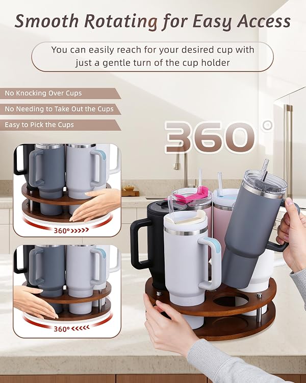 FAITIO Rotating Wood Tumbler Organizer, 30 oz 40 oz Spinning Turnable Tumblers Holder, 360° Rotatable 7 Large Cups Bottle Tumbler Storage Display Stand, Rotate Syrup Organizer for Cabinet Countertop by FAITIO - Used condition - Image 9