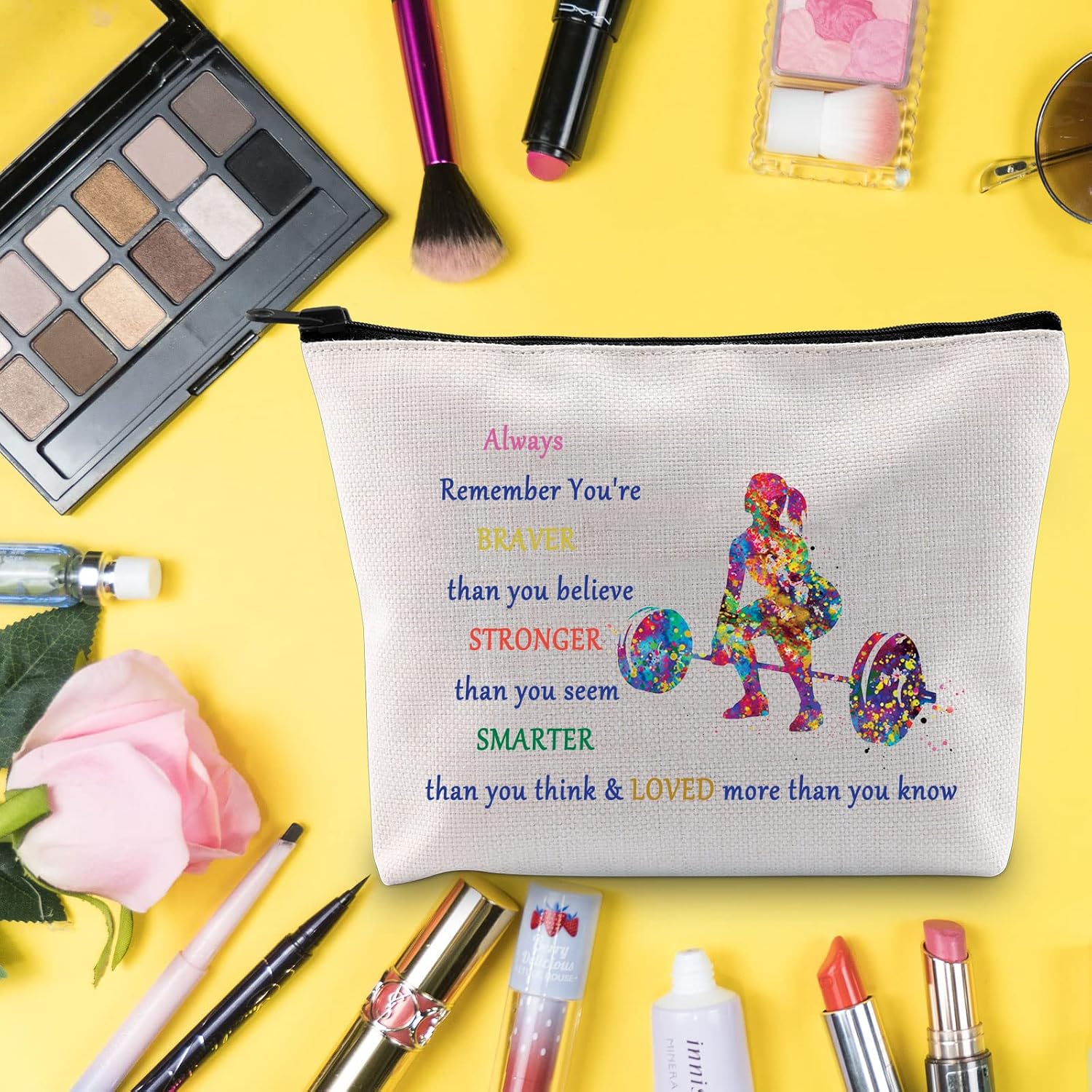 LEVLO Weight Lifting Cosmetic Make Up Bag Weightlifter Gifts Idea You Are Braver Stronger Smarter Than You Think Weightlifting Makeup Zipper Pouch Bag for Women Girls Always Weight Lifting - Image 5