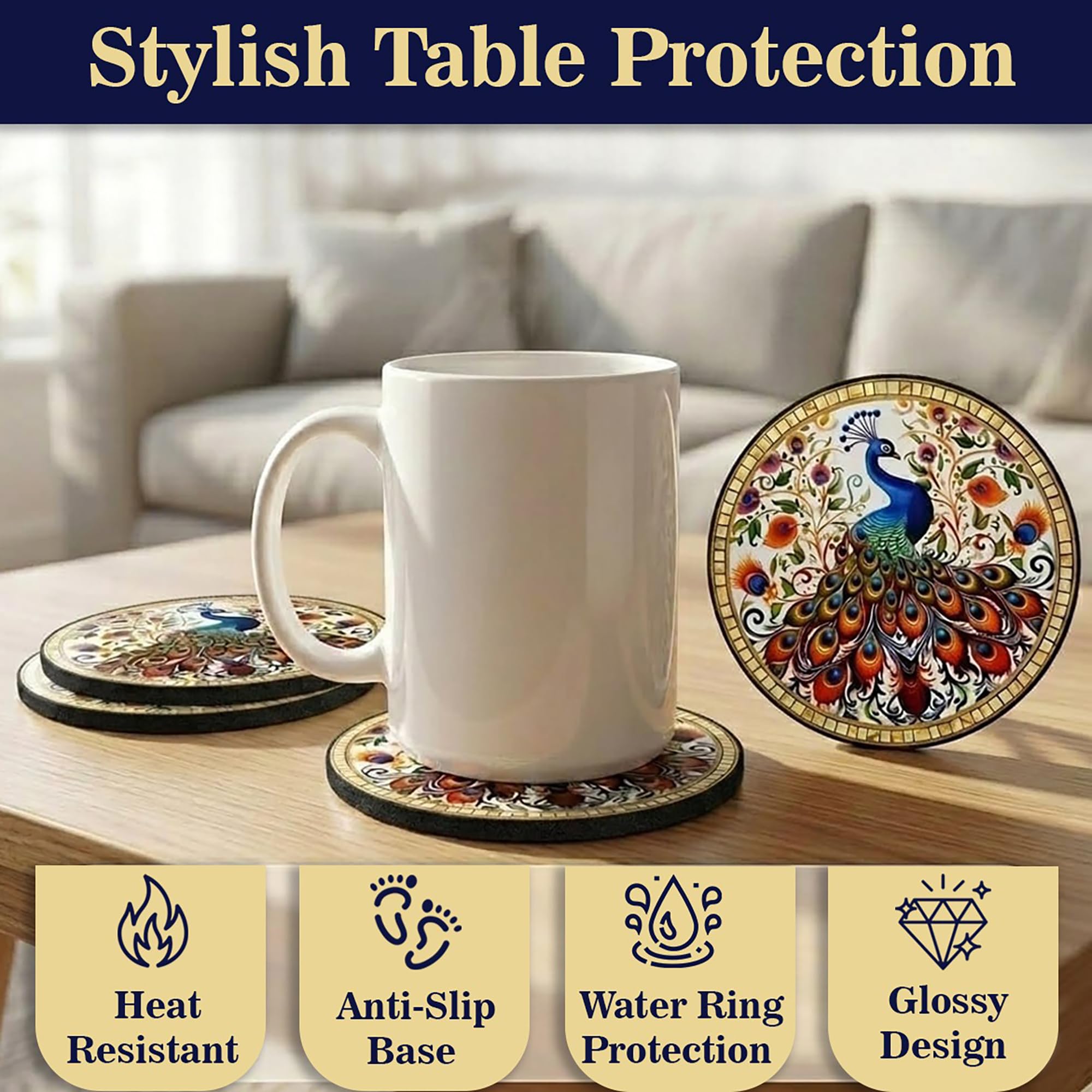 Royal Peacock Coasters - Mandala Art Table Protection -6
