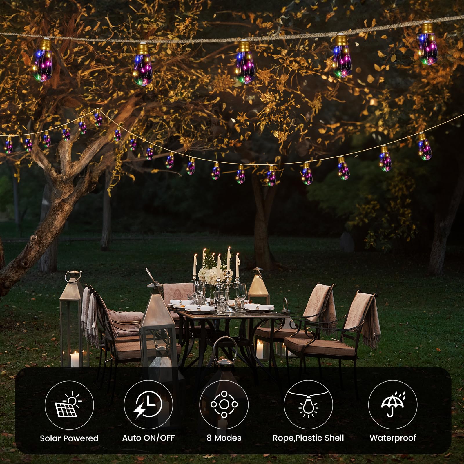 Guirnalda de luces solares para exteriores, 24 pies, cuerda de cáñamo, luces solares con 20 bombillas inastillables, 8 modos de luces solares con función de memoria, impermeable para jardín, camping