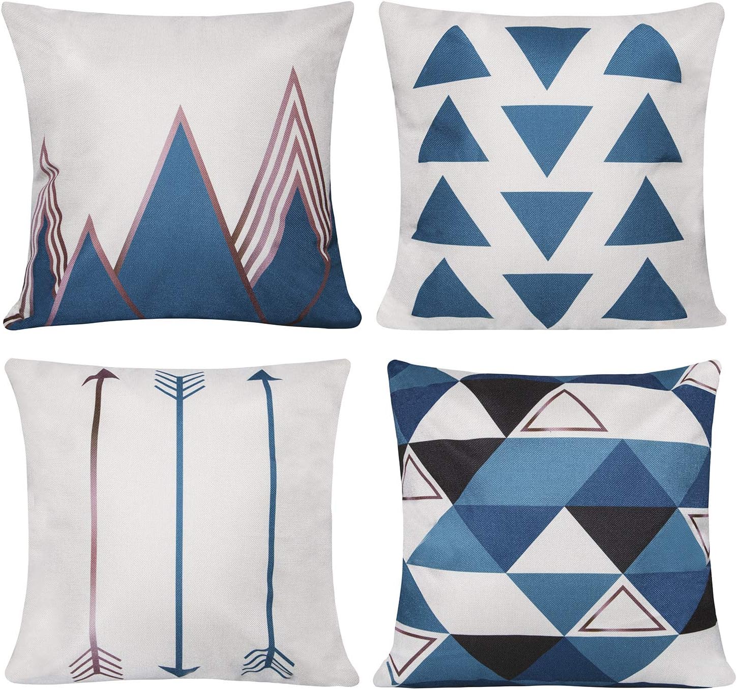 Unves Throw Pillow Covers, 18x18 Set of 4 Decorative Pillows Cotton Linen Couch Sofa Pillow Covers Bedroom Living Room Toss Pillows Throw Pillow Sets Simple Geometric Style Pillows Blue