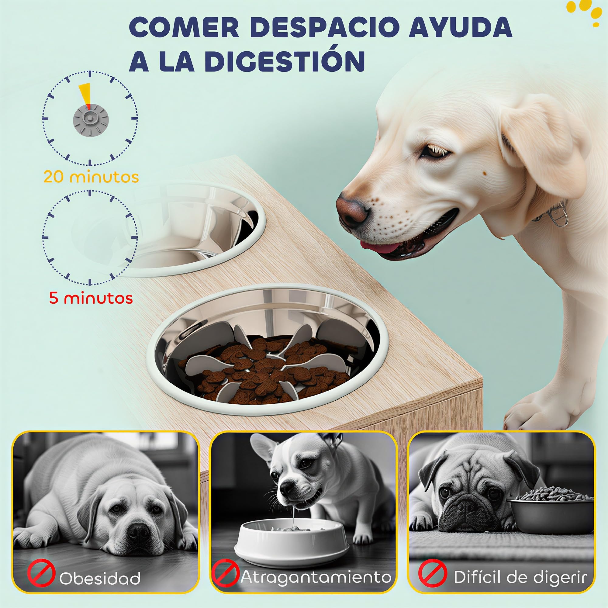 PawHut Comedero Perro Elevado con 2 Cuencos de Acero Inoxidable 2x2000 ml Comedero Lento para Perros Grandes con 2 Puertas, Almacenamiento Oculto, Anillos Antideslizantes, Cuencos Elevados, Roble