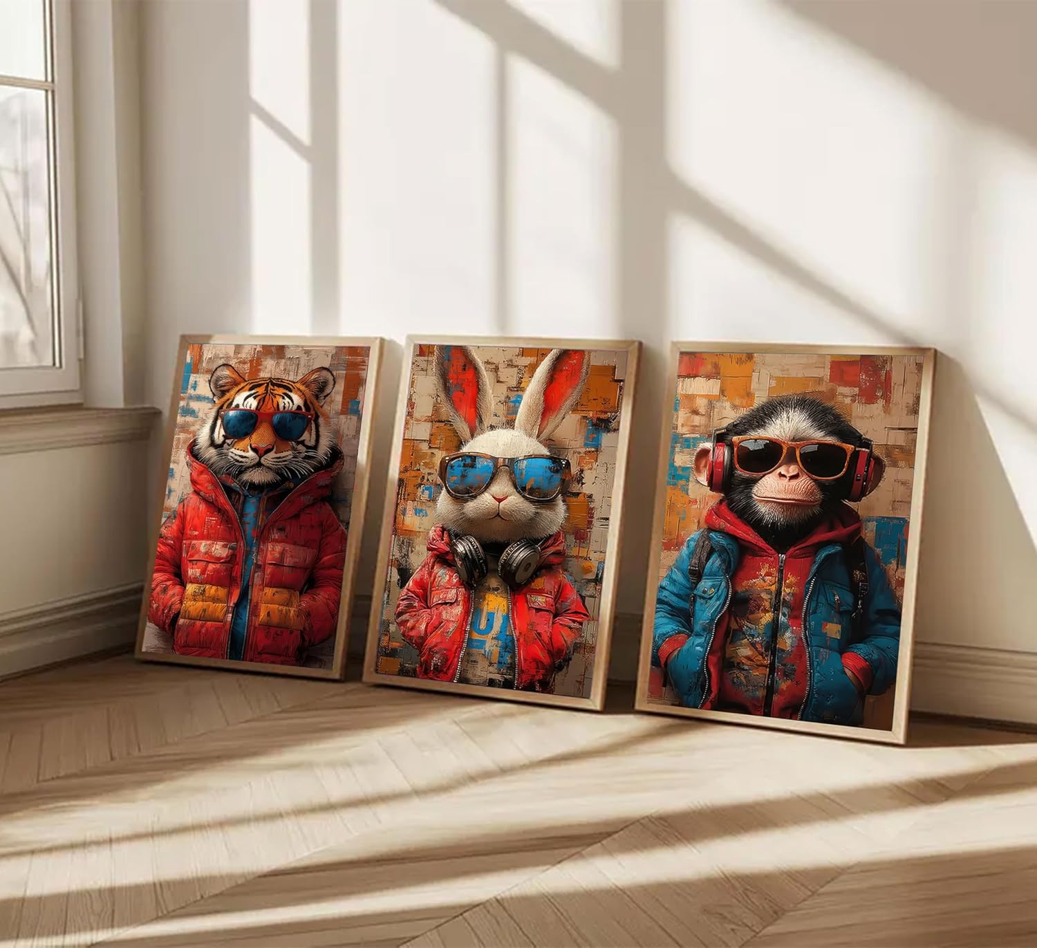 3Pcs Graffiti Animal Wall Art Paintings Abstract Canvas Poster Print Colorful Tiger Rabbit Monkey Pictures Funny Animal Wall Decor for Kids Room Game Room 16x24in Unframed