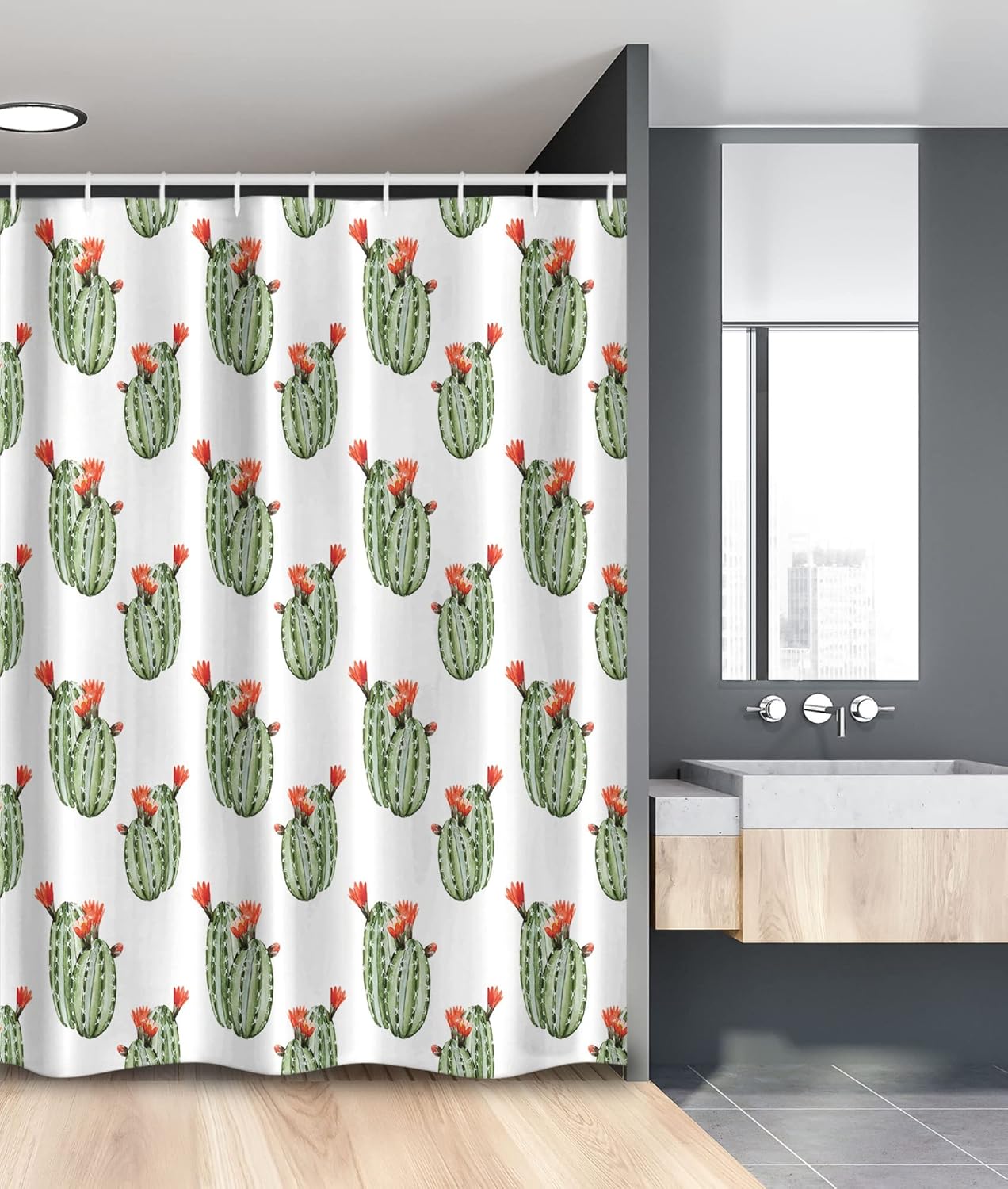 Ambesonne Cactus Stall Shower Curtain, Cacti Spikes and Red Flowers Mexican Hot Desert Vintage Image Art, Fabric Bathroom Decor Set with Hooks, 54" W x 78" L, Green and Orange