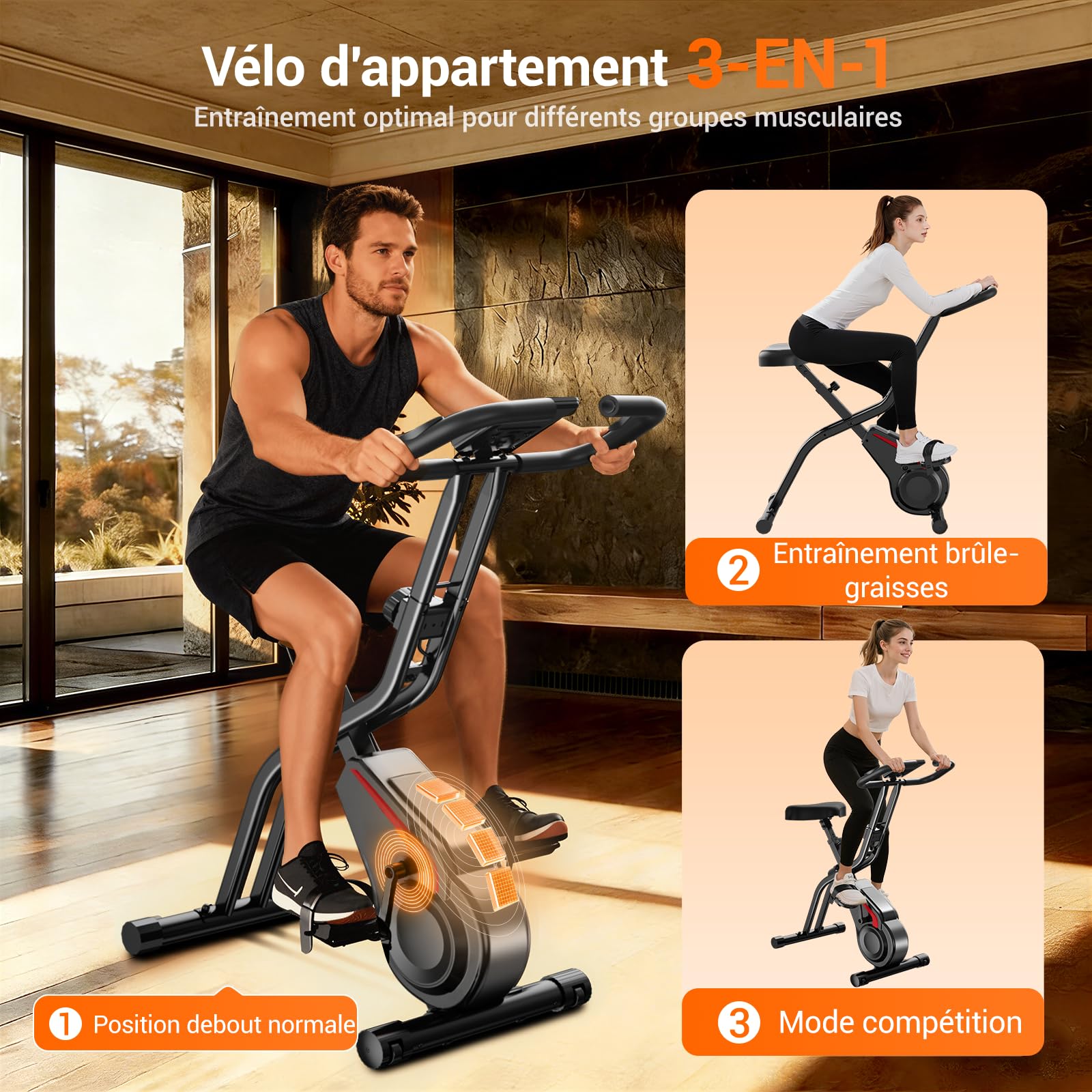 CURSOR velo d appartement pliable, 5-en-1 velo appartement pliable, équipé d'une résistance silencieuse à 16 niveaux. vélos d'appartement avec surveillance de la fréquence cardiaque et écran LED
