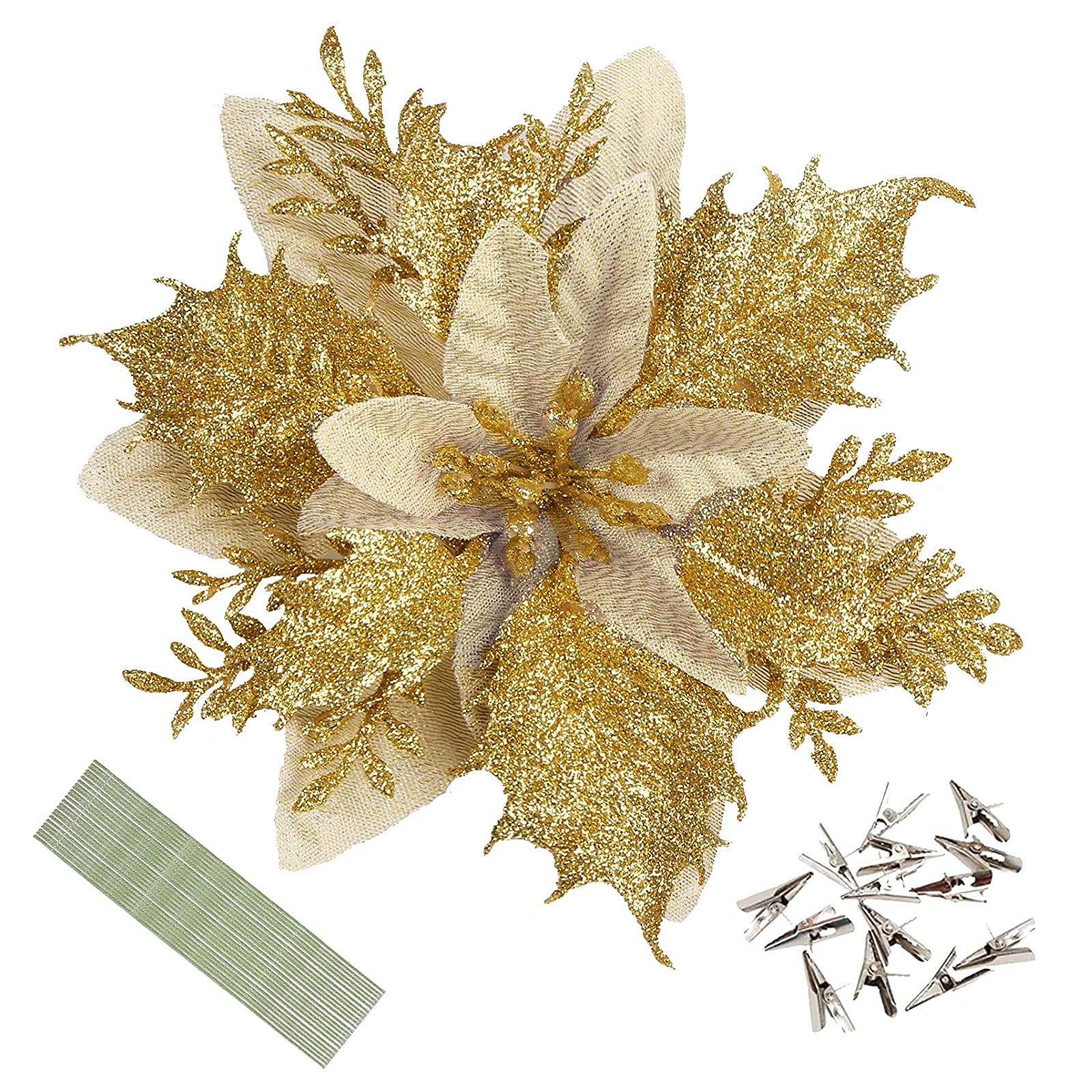 Wereves 12 Pcs Gold Glitter Artificial Poinsettia Flowers with Clips and Stems, 5.5 Inch Artificial Flowers Christmas Flowers Christmas Wreath Garland Christmas Tree Ornaments