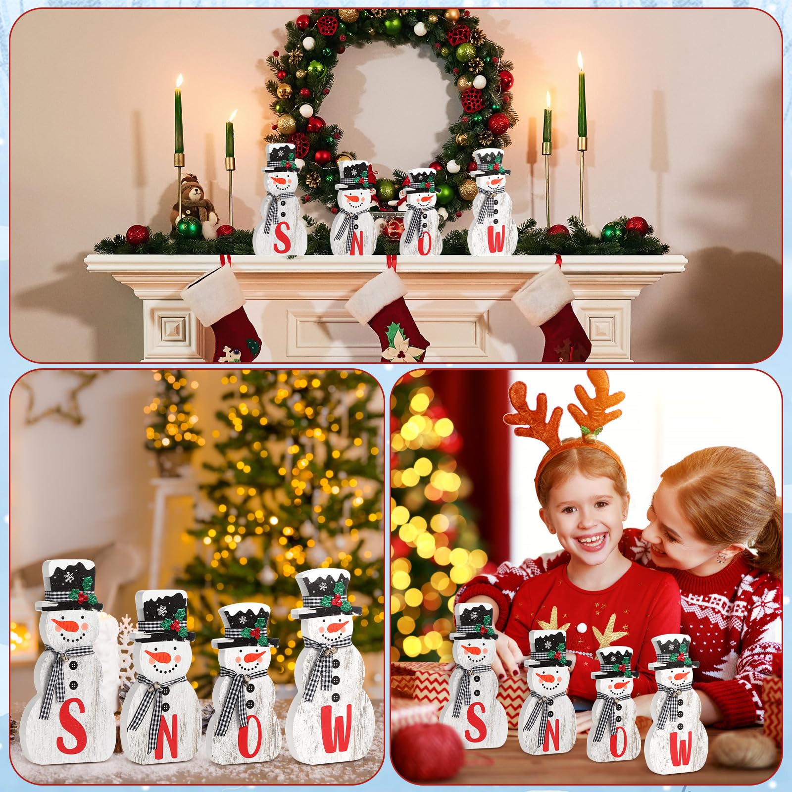 Wenqik 4 piezas de decoración de mesa de muñeco de nieve de madera de Navidad, muñeco de nieve escalonado, decoración de madera, muñeco de nieve, decoración rústica, decoraciones de Navidad para