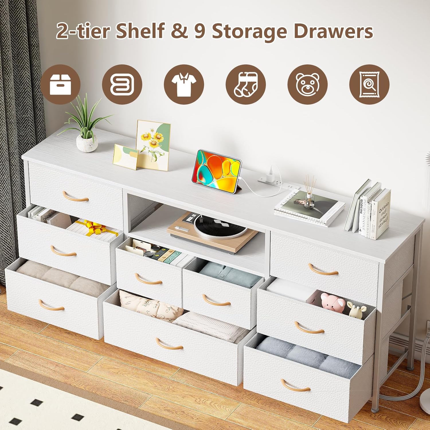 Furnulem 9 Drawer Dresser, 63” Long TV Stand for Bedroom, Entertainment Center with Power Outlet & LED Light for 65"-75" TV, White Dresser with Fabric Storage Drawers for Closet