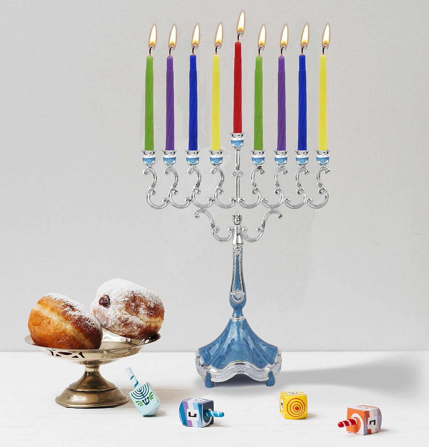 Ner Mitzvah Silver Plated Hanukkah Menorah with Blue Marble Accents, Fits All Standard - Modern Chanukah Candles, 8.5 inch High