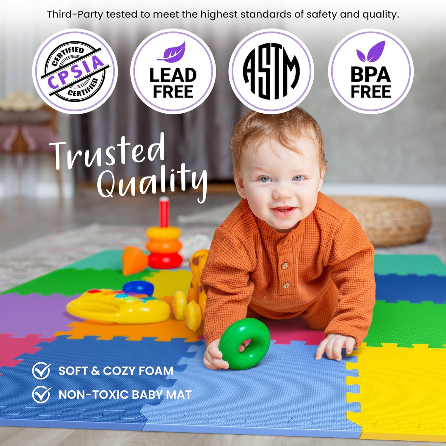 16 Tiles with Borders | 12" x 12" Baby Play Mat Foam Puzzle Floor Tiles | Non-Toxic Soft Waterproof Interlocking EVA Playmat for Nursery Playroom Playpen Toddler Tummy Mat