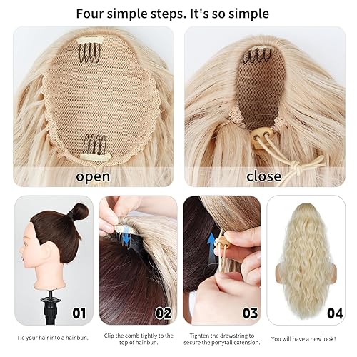 Miniatura 4 de Cola de caballo con cordón para mujer, extensión de cola de caballo rubio de 26 pulgadas, extensiones de cabello sintético con clip natural para uso