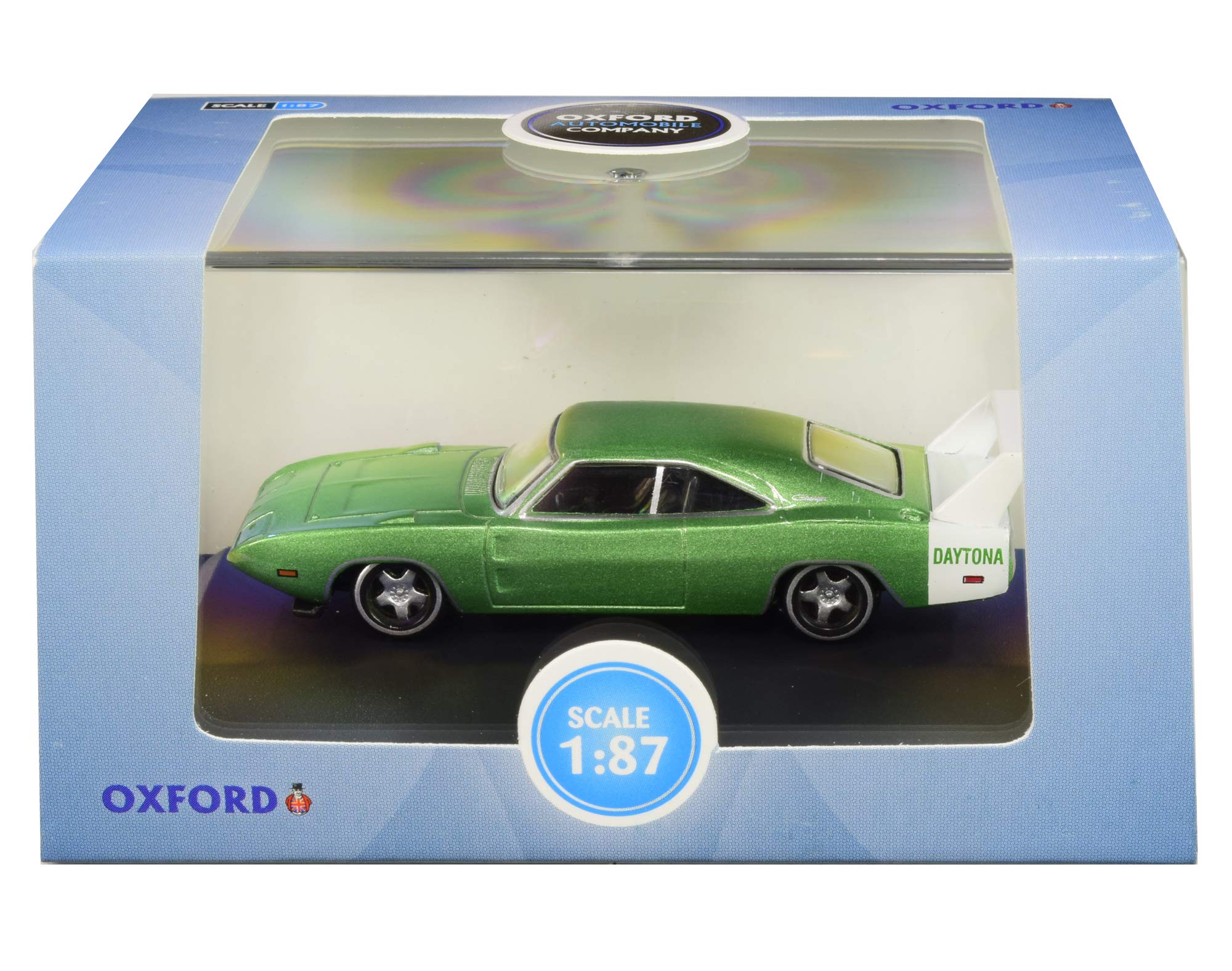 Dodge1969 Charger Daytona Metallic Bright Green with White Stripe 1/87 (HO) Scale Diecast Model Car by Oxford Diecast 87DD69003