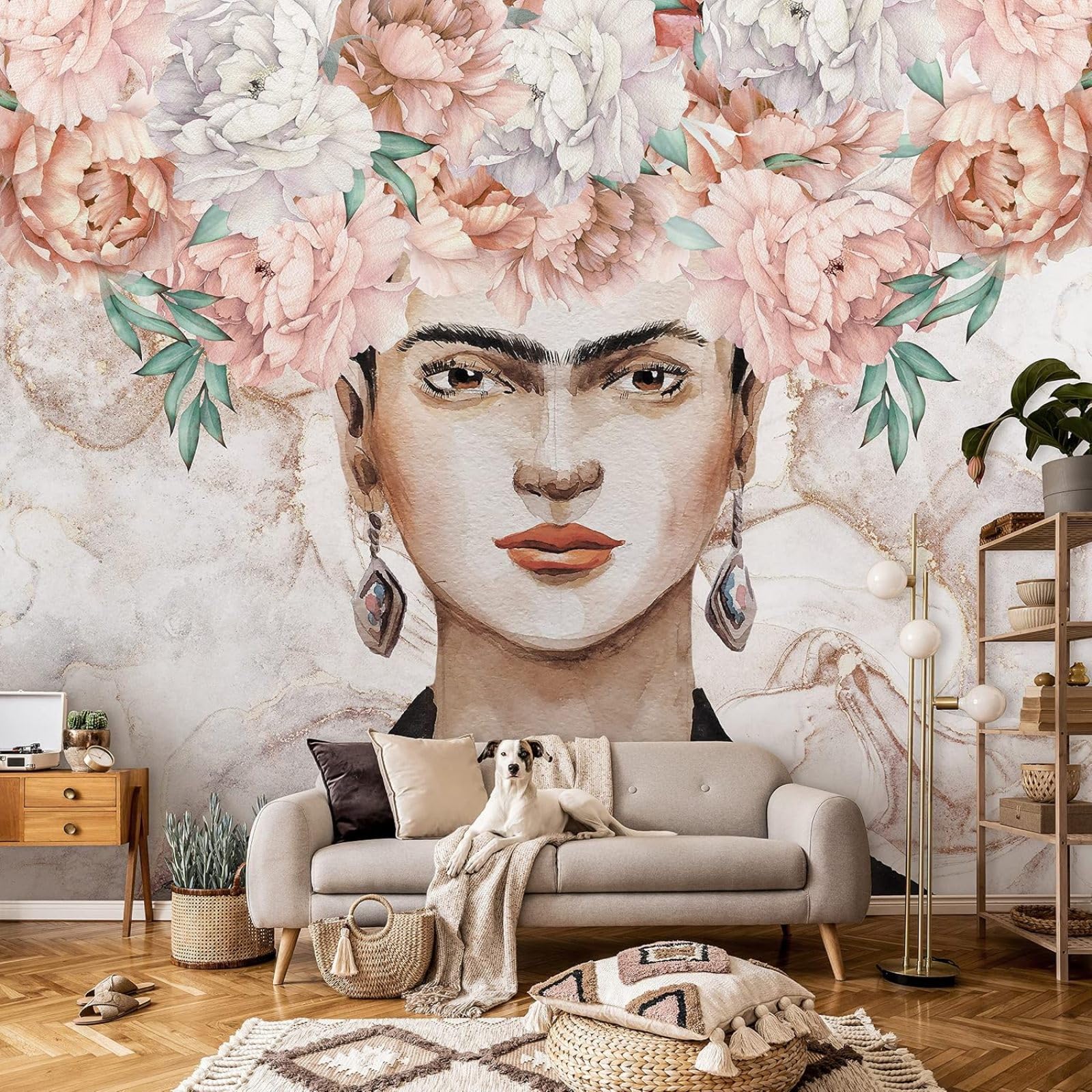 kfjhgbdshhj Photo Mural-Wallpaper Frida Kahlo Pink Peony Romantic Roses Living Room Bedroom,200cmx140cm Poster - Wall Sticker - Frameless Picture