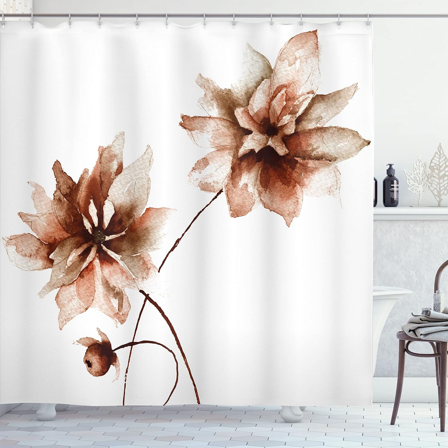 Ambesonne Watercolor Flower Shower Curtain, Flora Drawing Soft Spring Colors Retro Style Floral Artwork, Cloth Fabric Bathroom Decor Set with Hooks, 69" W x 84" L, Dark Peach