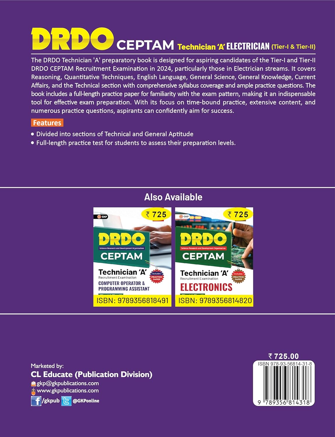 DRDO CEPTAM 2024 Technician 'A' Tier I & II - Electrician by GKP      Paperback