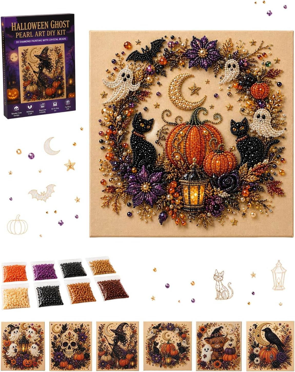 NJIWFVW Halloween Ghost Pearl Art DIY Kit, 3D Diamond Painting with Crystal Beads for Adults and Beginners, Spooky Fall Home Wall Decor for Bedroom Living Room, Seasonal Party Craft(1pc-B)