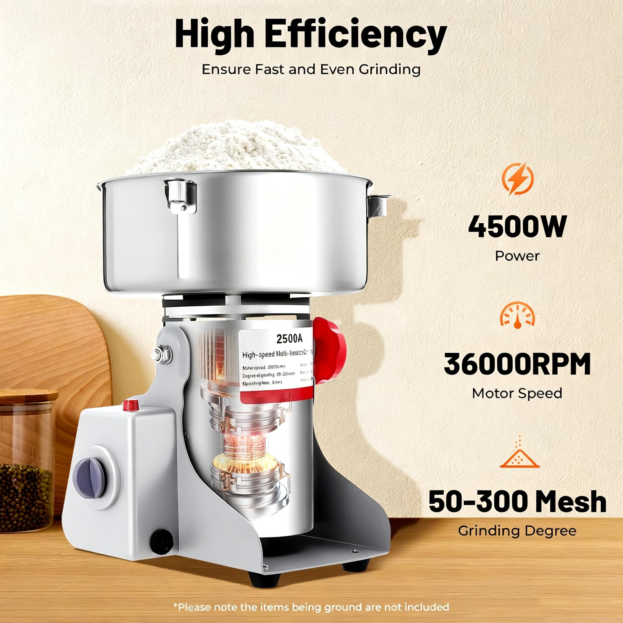 Elektryczny Młynek Do Zboża 4500 W, 2500 G/5,51 Funta Młynek Do Zboża | z 6 ostrzami, 36000 obr./min i oscylacją 180°, 50–300 mesh, timer 5 min i zabezpieczenie przed przeciążeniem
