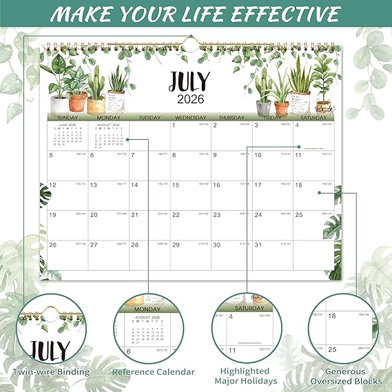 Calendar 2026-2027- Wall Calendar 2026-2027, Jul. 2026 - Dec. 2027, 18-Month Calendar, 15 x 11.5, Twin-Wire Binding + Hanging Hook + Thick Paper + Unruled Blocks with Julian Dates - Plants