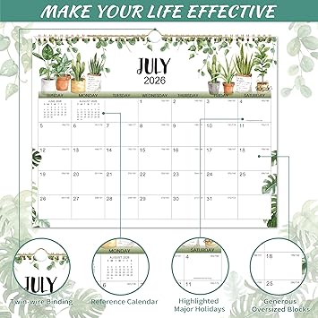 Calendar 2026-2027- Wall Calendar 2026-2027, Jul. 2026 - Dec. 2027, 18-Month Calendar, 15 x 11.5, Twin-Wire Binding + Hanging Hook + Thick Paper + Unruled Blocks with Julian Dates - Plants