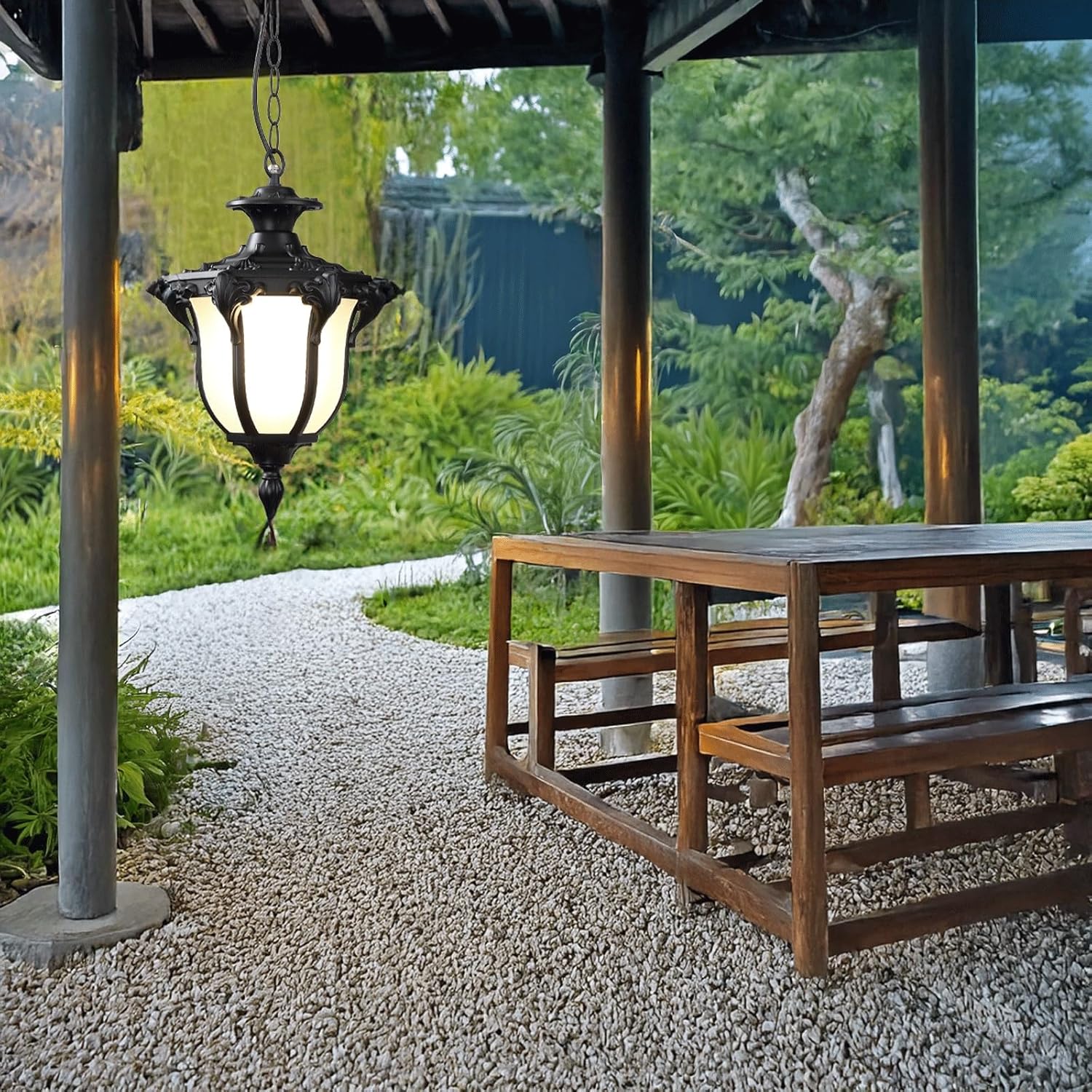 Outdoor European Vintage Pendant Light, Classic Waterproof Hanging Lamp, Modern Exterior Chandelier with Glass Shade, Adjustable Chain for Villa, Patio, Porch, Balcony, Gazebo(Black,Medium)