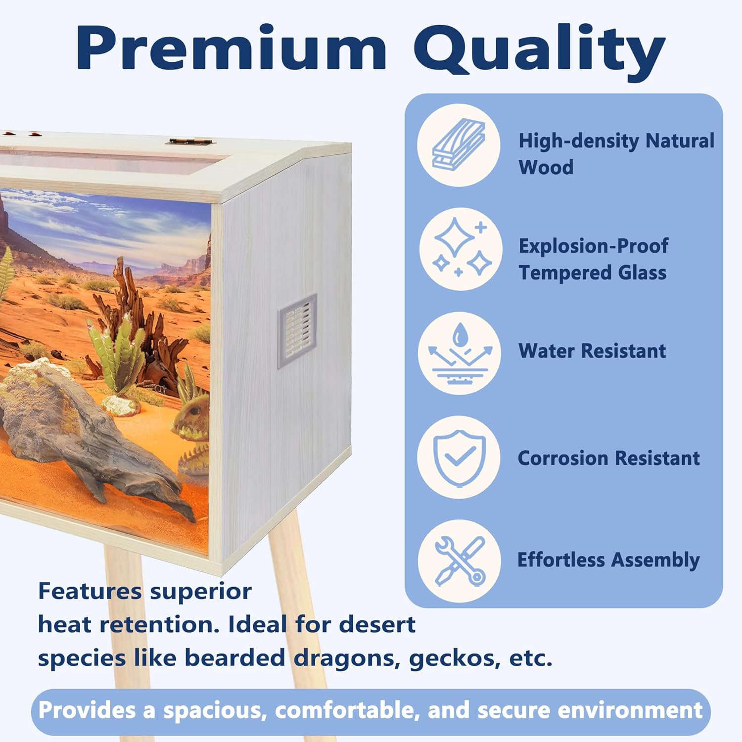 Prolee 36 Gallon Reptile Tank, Tempered Glass Bearded Dragon Tank with Wooden Roof and Lockable Doors, Large Lizard Habitat with Built-in Lamp Fixture for Snakes, Iguanas, Chameleons (Oak)