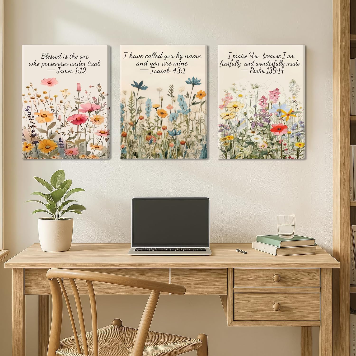 3Pcs Christian Floral Scripture Canvas Wall Art, Wildflower Bible Lnspirational Psalm Religious Faith Aesthetic Wall Decor Posters Prints for Bedroom Living Room University Dormitories12x16in Framed