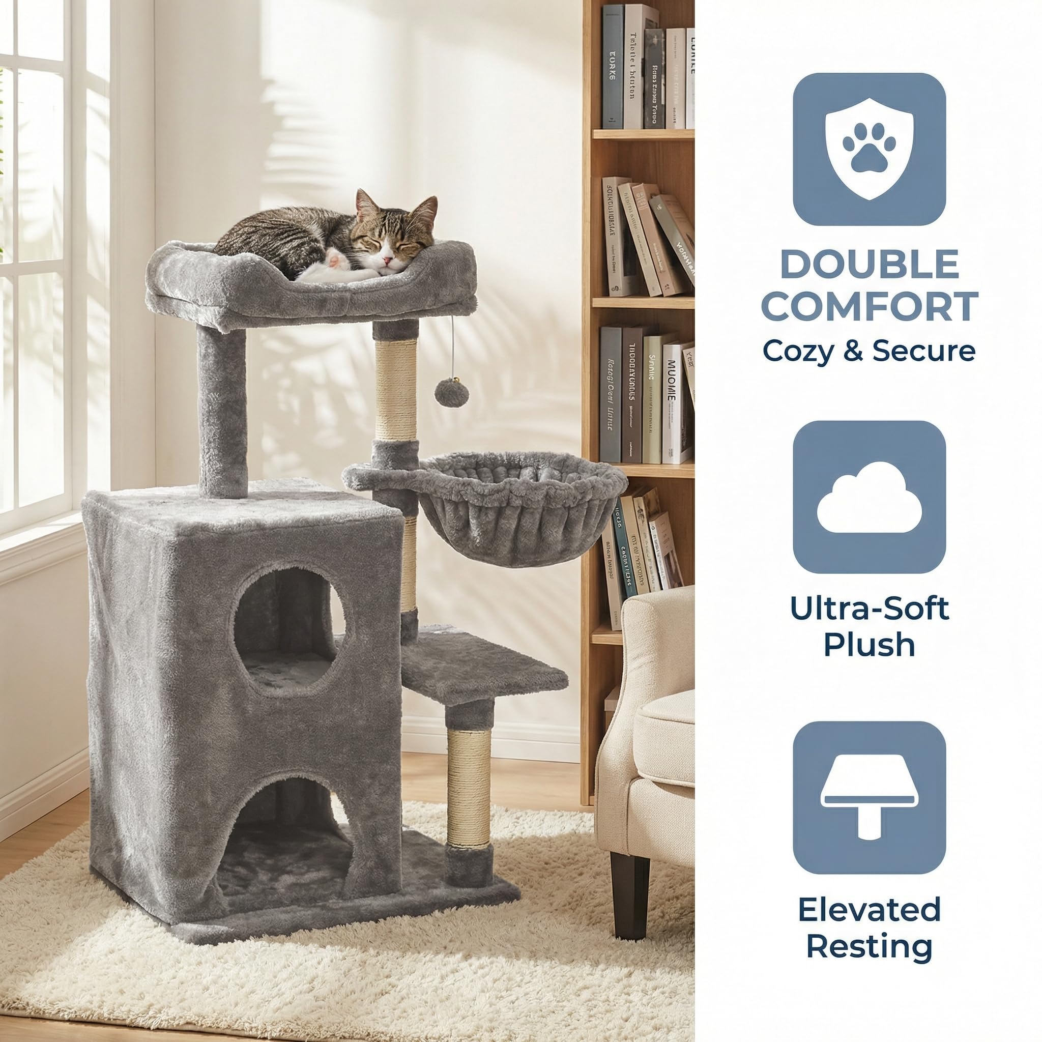 Fansafurn Torre de árbol para Gatos de Interior, casa de árbol para Gatos Adultos Grandes de 36 Pulgadas con escalones, Poste rascador, 2 condominios para Gatos, Juguetes Colgantes, Gris Claro