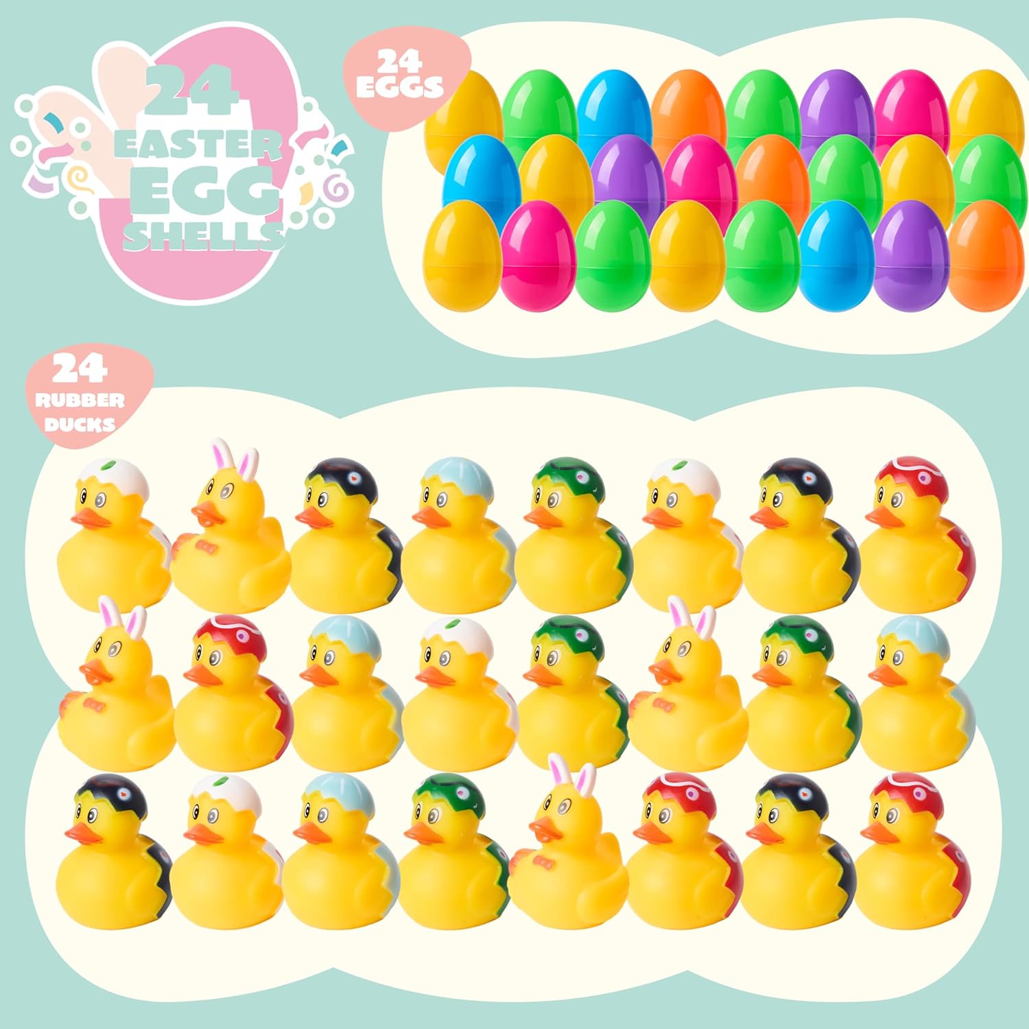 JOYIN 24 Pcs Prefilled Easter Eggs with Rubber Ducks, Variety Duckies for Easter Egg Hunt, Kids Basket Stuffer, Bath Toy Party Favors, Classroom Prize Supplies