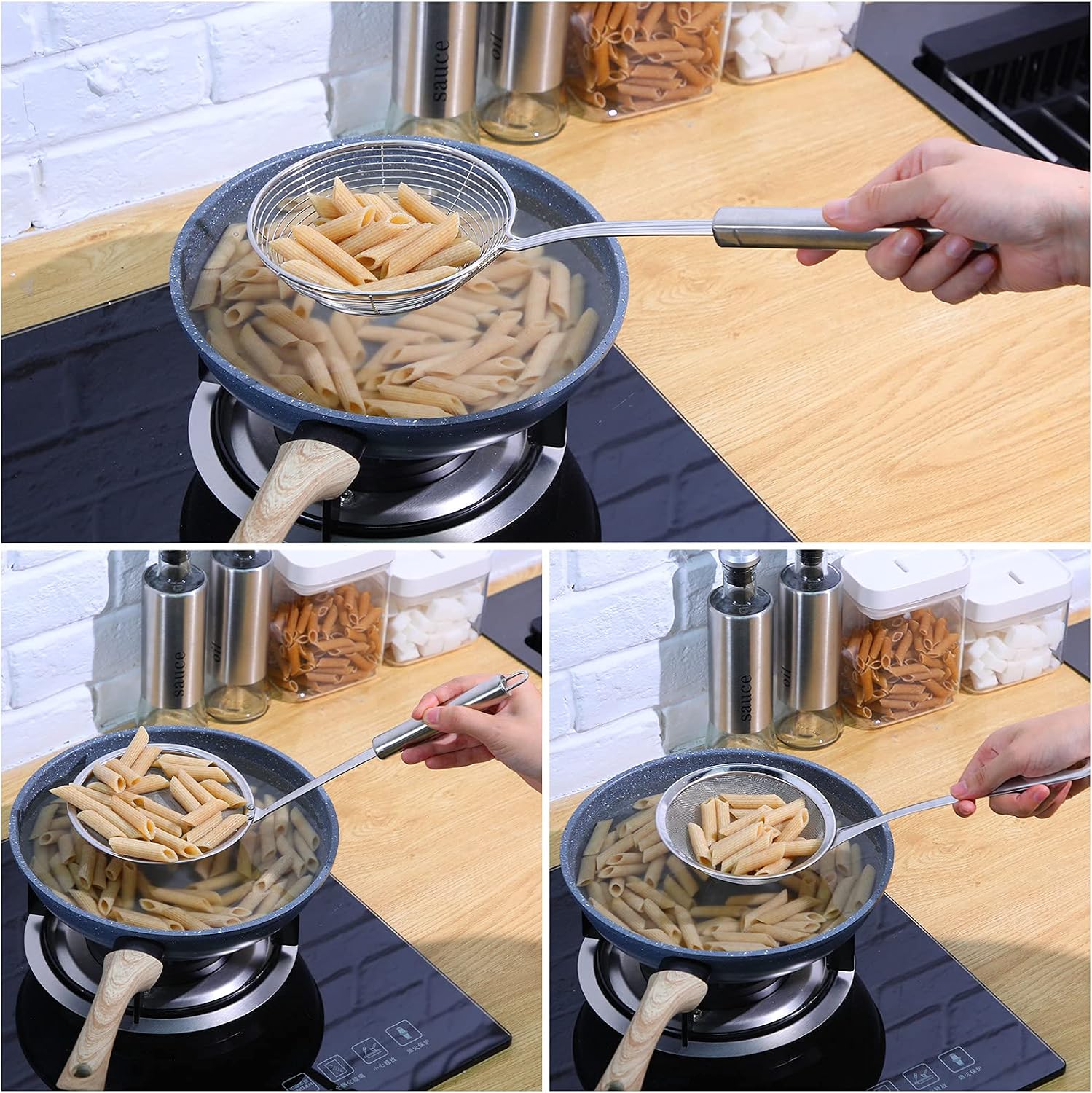 Shappy 3 Pieces Spider Strainer Skimmer Spoon Set, Stainless Steel Mesh Strainer with Handle Wire Mesh Colander, Hot Pot Fat Skimmer Spoon, Fine Mesh Food Strainer for Cooking, Skimming (5.5 Inch)