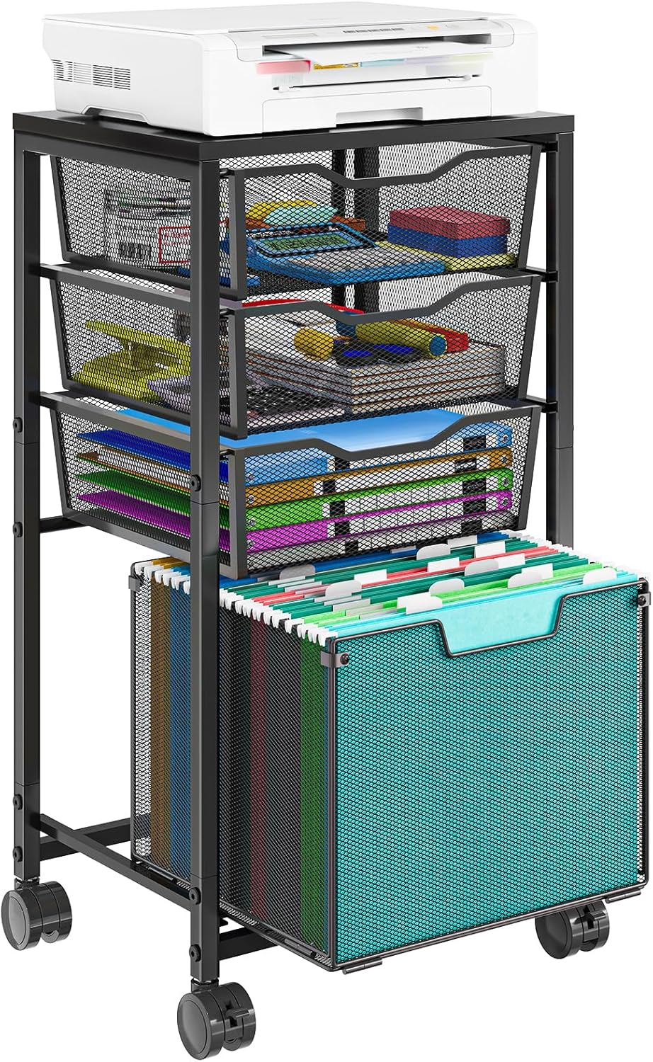 4 Drawers Rolling File Cart, Under Desk Mobile Filing Cabinet with Wheels, File Cabinets for Home Office, Hanging File Folder Organizer Utility Craft Cart Printer Stand, Black