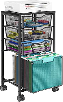 4 Drawers Rolling File Cart, Under Desk Mobile Filing Cabinet with Wheels, File Cabinets for Home Office, Hanging File Folder Organizer Utility Craft Cart Printer Stand, Black