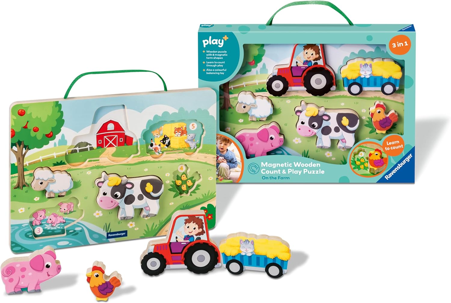 Ravensburger Play+ Magnetic Wooden Count and Play Puzzle - On the Farm - Number Matching Early Learning Toy for Toddlers
