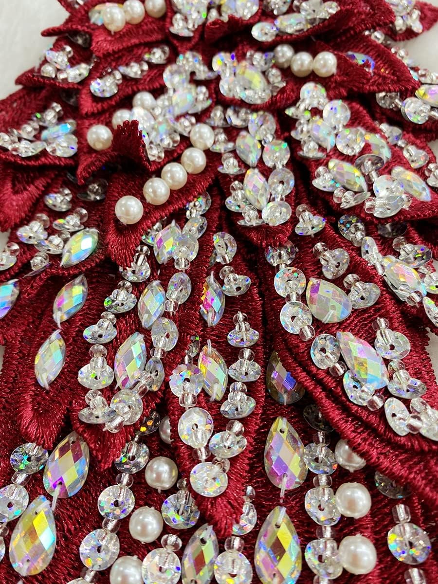 Handmade 18 Colour Sew on Rhinestones Pearl Lace Applique Handsewing Beads Trim Patches for Dress Clothes Accessory (Wine)